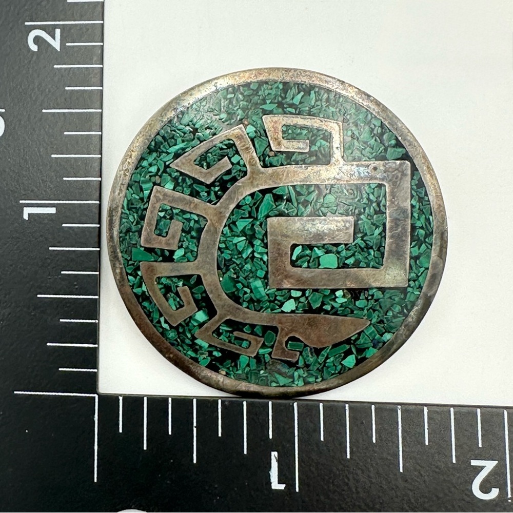 Vintage Taxco Sterling Silver 925 Crushed Malachite Inlay Tribal Brooch Pin - Picture 7 of 7